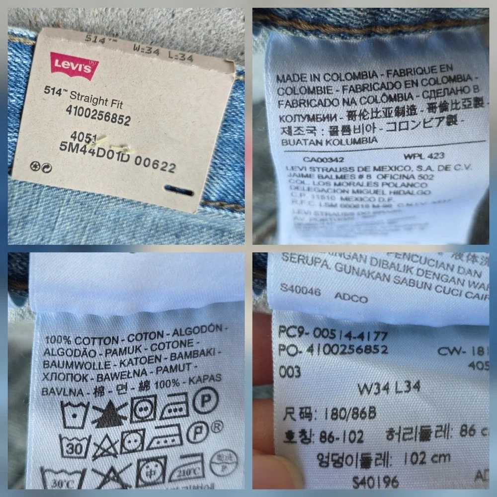 Levis 514 Straight Fit Jeans Size 34x34 Light Wash Blue NWT Grunge 100% Cotton